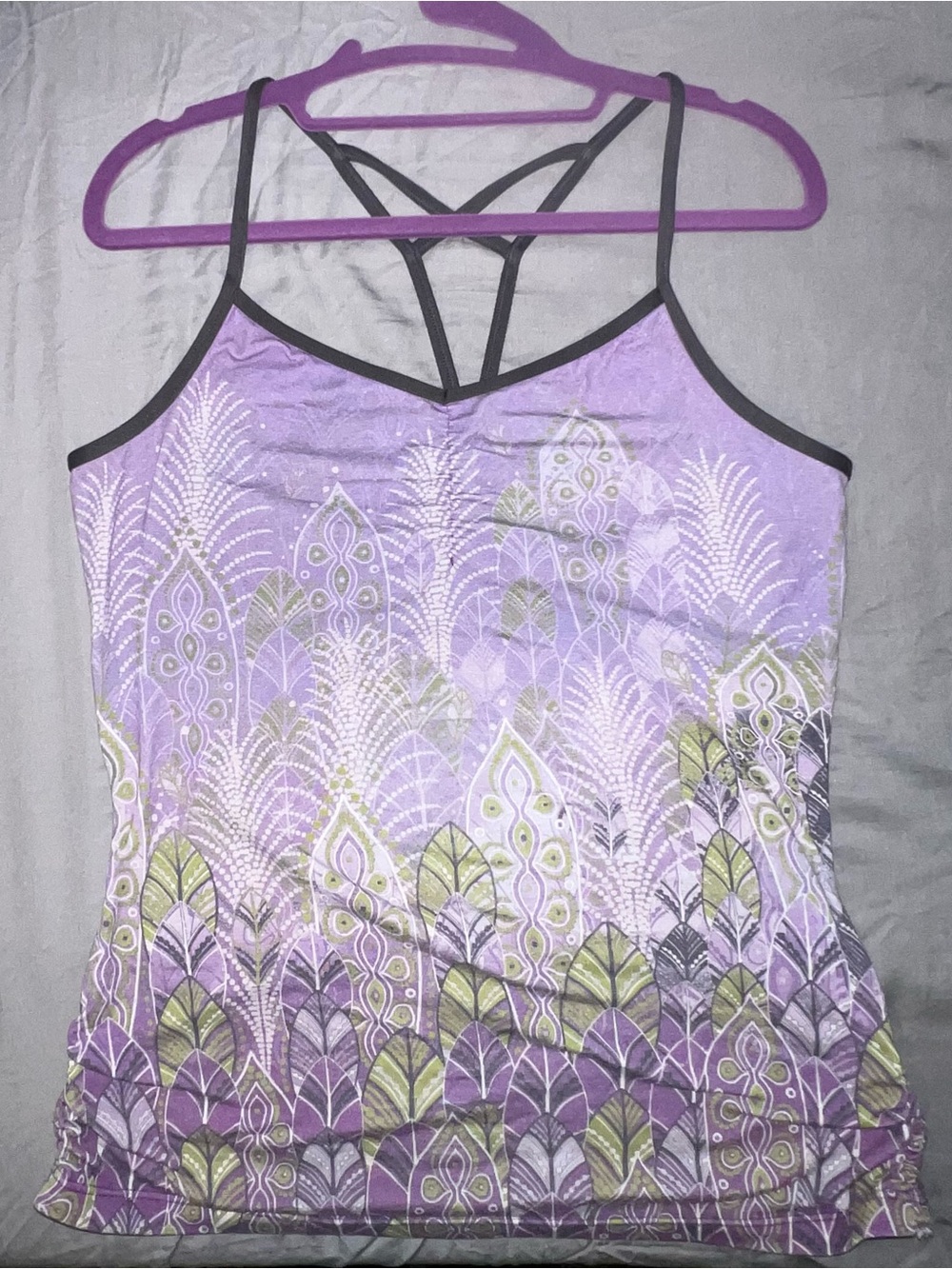 Prana Lavender Strappy Tank with Green and White Leaf Pattern